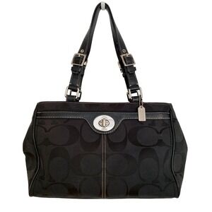 Coach Hampton Black Signature Jacquard Canvas Turnlock Satchel Silver Hardware